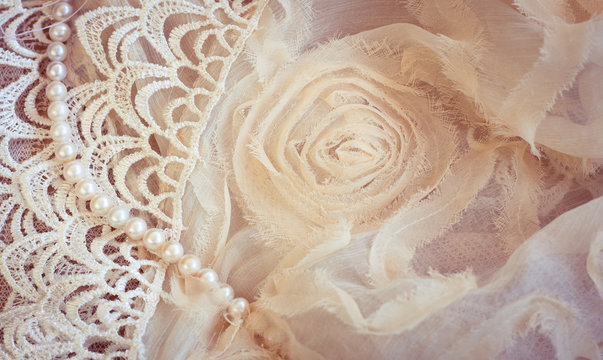 Lace, pearls and chiffon vintage background