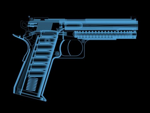 X-ray of a pistol with bullets.