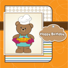 teddy bear with pie. birthday greeting card