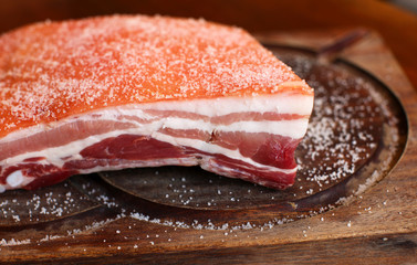 Piece of salted raw pork belly ready for baking