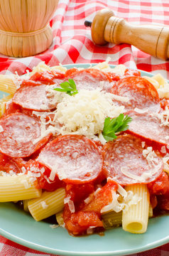Rigatoni pasta with tomato sauce and pepperoni