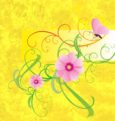 yellow background with pink flowers and butterfly banner