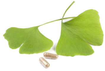 Ginko tree leaves with pills