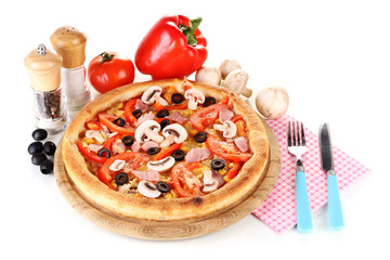 Aromatic pizza with vegetables and mushrooms isolated on white