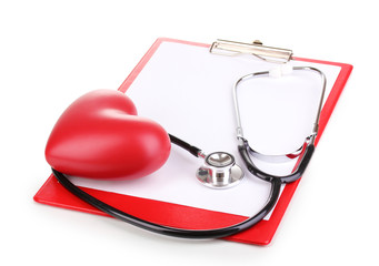 Stethoscope, heart and blank clipboard isolated on white