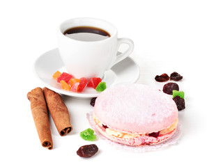 Cake and white cup isolated on white