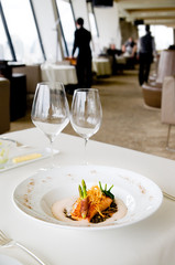 Salmon and asparagus at luxury restaurant