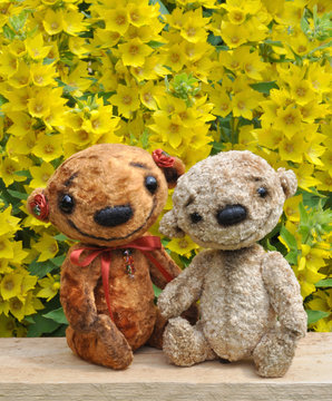 Teddy bears among flowers