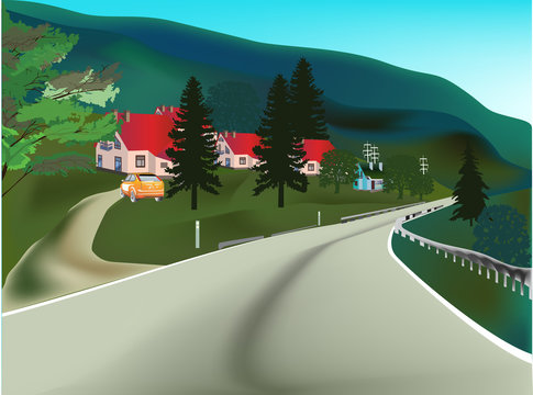 road near houses illustration