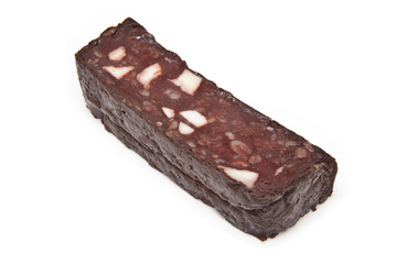 Black pudding or blood sausage on a white background.