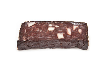 Black pudding or blood sausage on a white background.