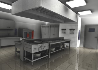 3d render of professional restaurant kitchen