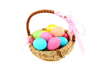 Colorful Easter eggs in a basket.