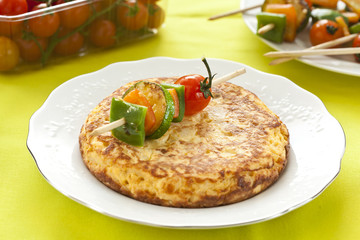 omelette with grilled vegetable skewer