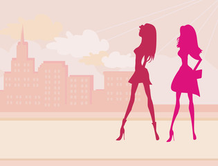 fashion silhouettes girls Shopping in the city