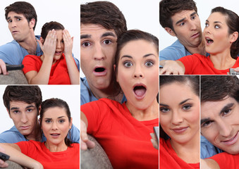 Collage of couple watching TV