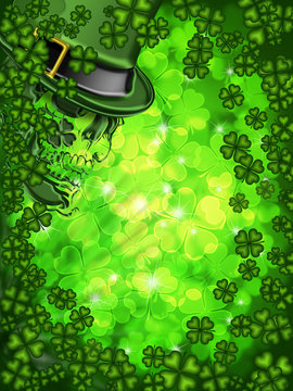 Skull on Shamrock Four Leaf Clover Background Vertical