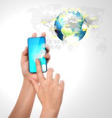 Hand holding a phone show Earth and mail