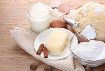 Ingredients for the dough wooden table