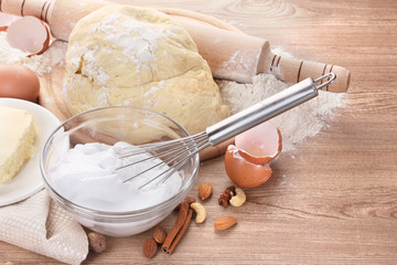 Ingredients for the dough wooden table
