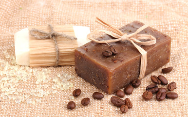 Hand-made soaps on sackcloth