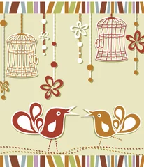 Cercles muraux Oiseaux en cages carte d& 39 invitation de mariage avec une cage à oiseaux et des fleurs