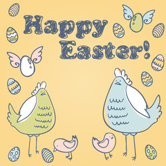Cute Easter card with hen, chicken and eggs