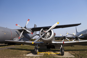 A front view of a propeller plane