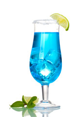 Blue cocktail in glasses with ice and sugar isolated on white