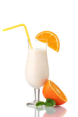 Bunch of bananas and milk cocktail isolated on white