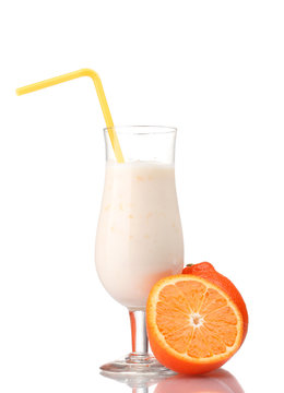 Bunch of bananas and milk cocktail isolated on white