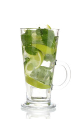 Glass of cocktail with lime and mint isolated on white