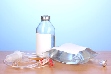 Bottle and bag of intravenous antibiotics and plastic infusion