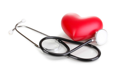 Medical stethoscope and heart isolated on white