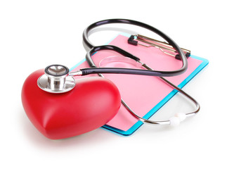 Stethoscope, heart and blank clipboard isolated on white