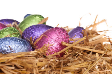Straw nest with chocolate Easter eggs