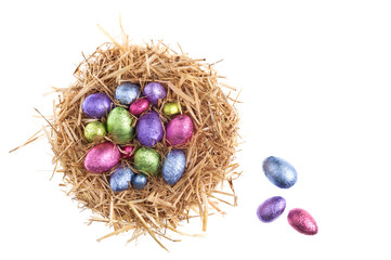 Straw nest with chocolate Easter eggs