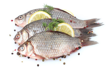 Fresh fishes with lemon, parsley and spice isolated on white