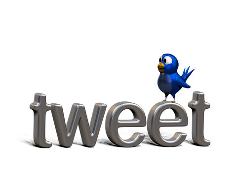 Blue twittering bird standing on the word tweet