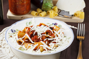 Pasta Norma with eggplant tomato and ricotta cheese