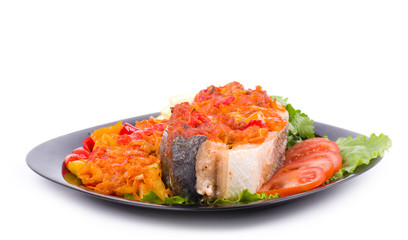 Fried salmon with grilled vegetable and tomato