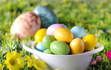 easter chocolates on spring background
