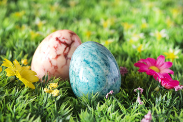 easter eggs over spring background
