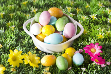 easter chocolates on spring background