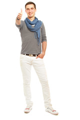 A smiling man showing thumb up sign
