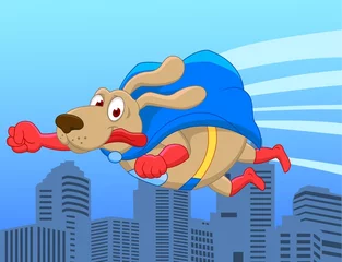 Abwaschbare Fototapete Superhelden Super Hund fliegt über die Stadt