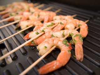Shrimps on a grill closeup