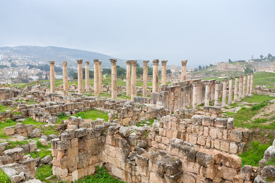 panorama of ancient city Gerasa and modern Jerash