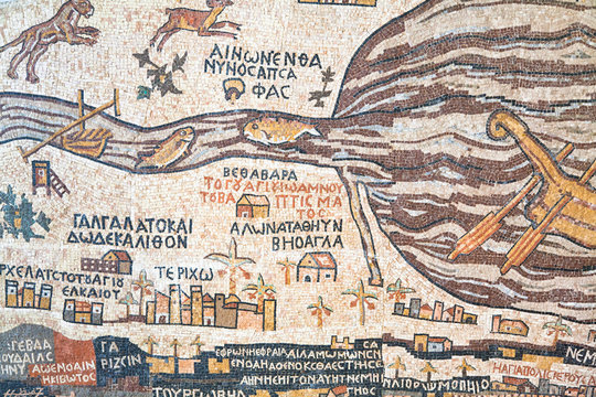 replica of antique Madaba map of Holy Land