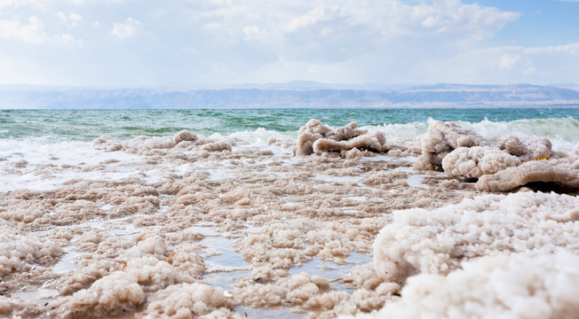 crystalline salt on beach of Dead Sea